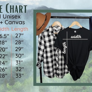 Puede incluir: Tabla de tallas para camisetas unisex Bella + Canvas. La tabla muestra las medidas de ancho y largo en pulgadas para las tallas XS a 3XL.
