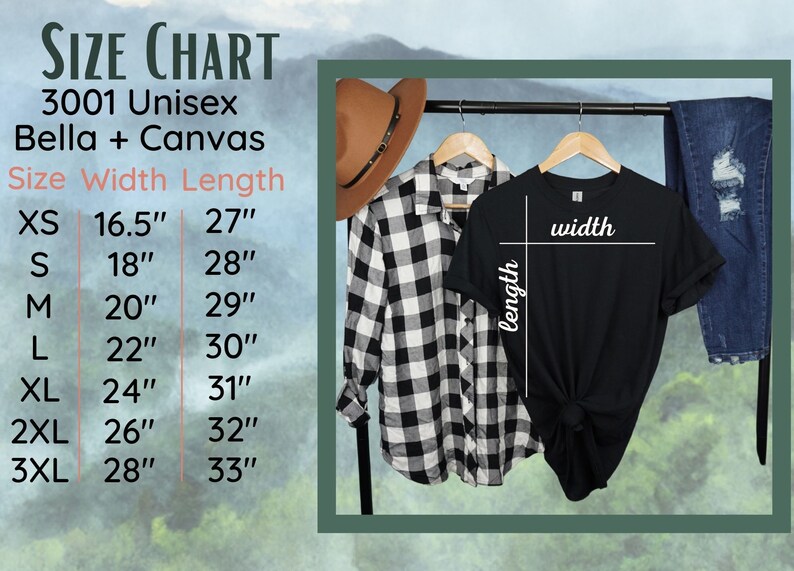 Puede incluir: Tabla de tallas para camisetas unisex Bella + Canvas. La tabla muestra las medidas de ancho y largo en pulgadas para las tallas XS a 3XL.