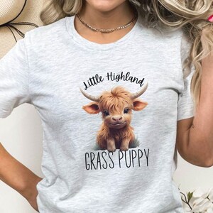 May include: A grey t-shirt featuring a cartoon illustration of a Highland cow with the text "Little Highland Grass Puppy" printed on the front.