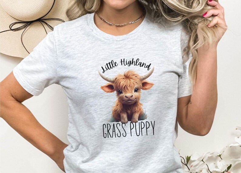 May include: A grey t-shirt featuring a cartoon illustration of a Highland cow with the text "Little Highland Grass Puppy" printed on the front.