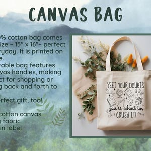 Puede incluir: Bolso tote de lona color crema con el texto "YEET YOUR DOUBTS you're about to CRUSH IT!" e ilustraciones escolares. El bolso mide aproximadamente 38 cm x 41 cm con asas de 51 cm. Las palabras "CANVAS BAG" est&aacute;n en la parte superior.