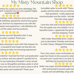 May include: A collection of ten five-star customer reviews for My Misty Mountain Shop displayed on a light background. Each review includes a yellow star rating and text detailing positive experiences with product quality and customer service.
