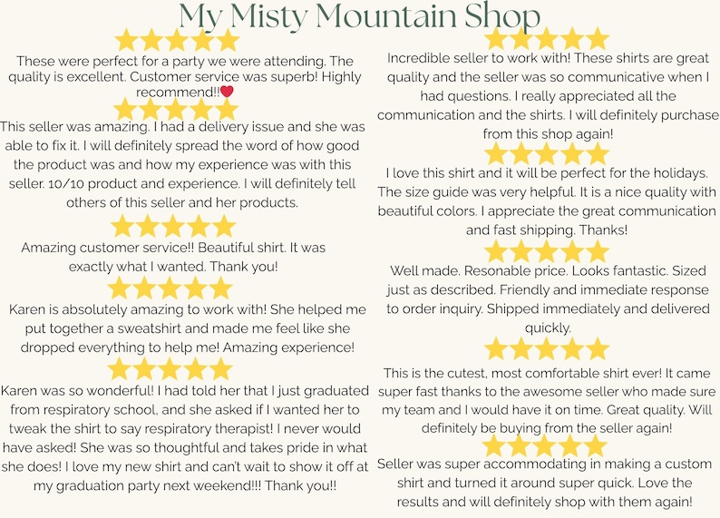 May include: Image of customer reviews for My Misty Mountain Shop. The reviews are positive, mentioning excellent quality, amazing customer service, and fast shipping. The reviews are accompanied by gold star ratings.