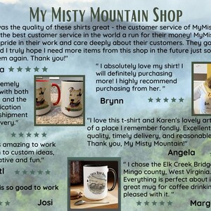 May include: A collage of customer reviews for a shop called My Misty Mountain Shop. The reviews are positive and highlight the quality of the products and the excellent customer service. The shop sells t-shirts, mugs, and other items.
