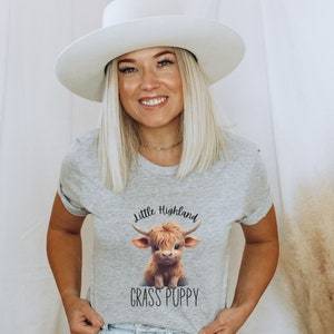 May include: A grey t-shirt featuring a cute cartoon Highland cow wearing a red collar. The text "Little Highland Grass Puppy" is printed on the shirt.