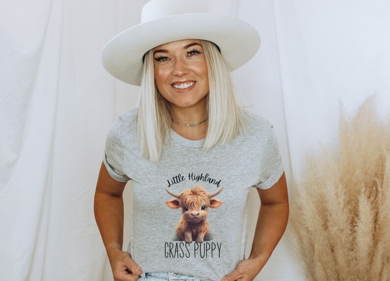 May include: A grey t-shirt featuring a cute cartoon Highland cow wearing a red collar. The text "Little Highland Grass Puppy" is printed on the shirt.