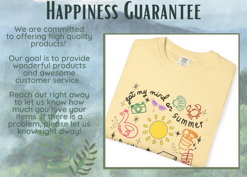 May include: A yellow t-shirt with a graphic design of a sun, a camera, a crab, a seashell, and a flamingo. The text "got my mind on summer" is written in a circle around the graphic.