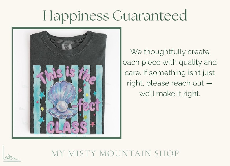 May include: A charcoal gray t-shirt featuring a graphic of an open seashell with a pearl. The text reads This is the -fect CLASS in pink bubble letters. The background of the graphic has vertical teal stripes and small colorful stars.