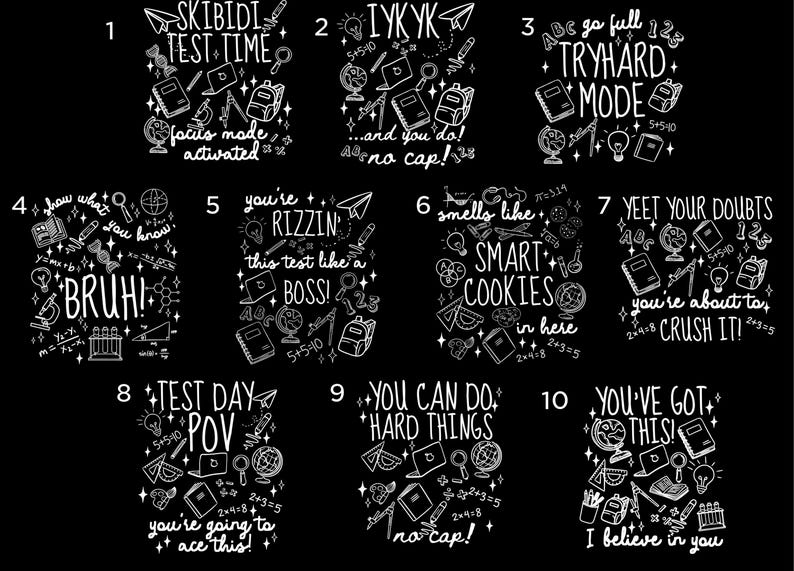 Puede incluir: Dise&ntilde;os gr&aacute;ficos negros con texto e ilustraciones blancas sobre fondo negro. Los dise&ntilde;os incluyen frases como "SKIBIDI TEST TIME", "IYKKYK", "TRYHARD MODE" y "BRUH!" con im&aacute;genes escolares.