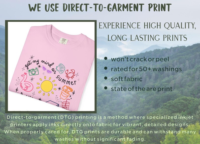 May include: Pink t-shirt with a graphic print of a sun, a seashell, a crab, a camera, sunglasses, and a beach bag. The text "got my mind on summer" is printed on the shirt.  Direct-to-garment (DTG) printing is a method where specialized inkjet printers apply inks directly onto fabric for vibrant, detailed designs. When properly cared for, DTG prints are durable and can withstand many washes without significant fading.