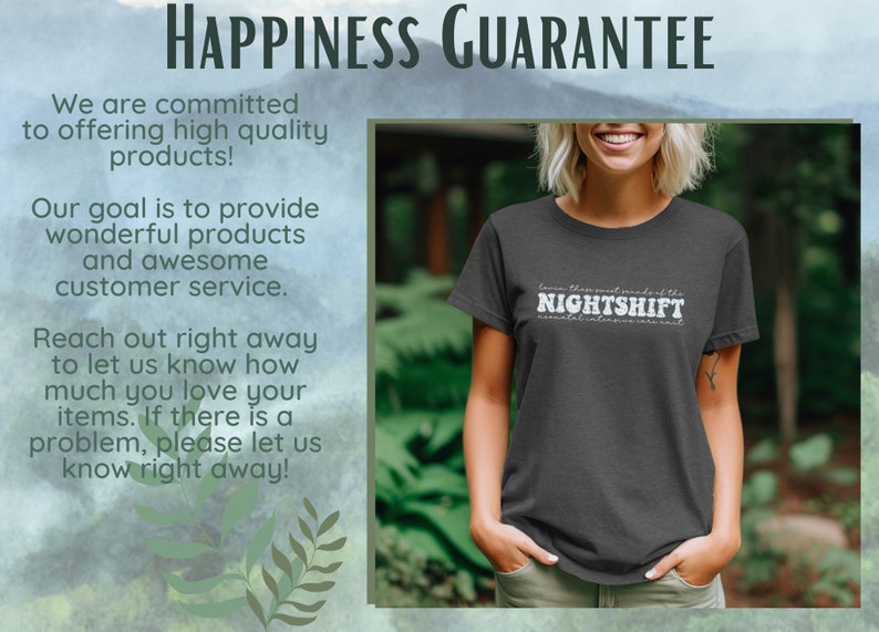 May include: Dark gray t-shirt with the text "NIGHTSHIFT" in white, with additional text below. The shirt is worn by a person. The background includes text about a happiness guarantee.