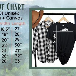 May include: Size chart for unisex Bella + Canvas 3001 t-shirts. The chart shows the width and length measurements in inches for sizes XS to 3XL.