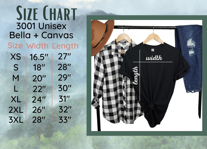 May include: Size chart for unisex Bella + Canvas 3001 t-shirts. The chart shows the width and length measurements in inches for sizes XS to 3XL.