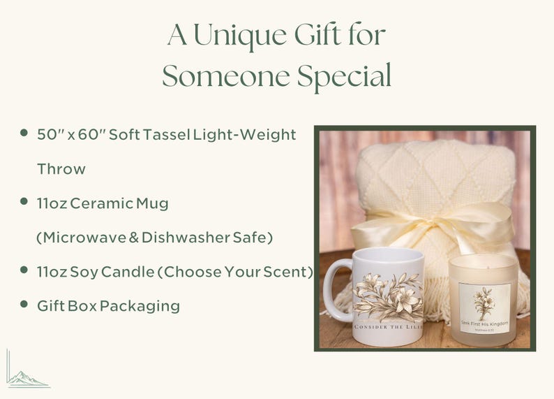 May include: A gift set featuring a cream-colored throw blanket, a white ceramic mug with floral design, and a soy candle. The throw measures 50" x 60". The mug and candle are 11oz. The text reads "A Unique Gift for Someone Special."
