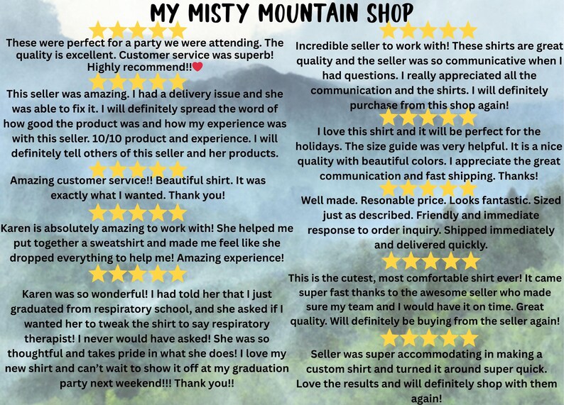 Puede incluir: Imagen de rese&ntilde;as de clientes para My Misty Mountain Shop. Las rese&ntilde;as elogian la comunicaci&oacute;n del vendedor, la calidad del producto y el env&iacute;o r&aacute;pido. Las rese&ntilde;as mencionan camisas y pedidos personalizados. La tienda tiene una calificaci&oacute;n de 5 estrellas.