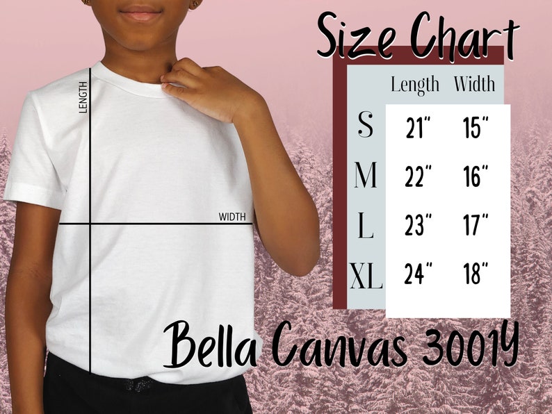Pode incluir: Uma camiseta branca com uma tabela de tamanhos, mostrando medidas em polegadas para os tamanhos S, M, L e XL. A tabela inclui dimens&otilde;es de comprimento e largura. O texto "Bella Canvas 30019" tamb&eacute;m &eacute; vis&iacute;vel.