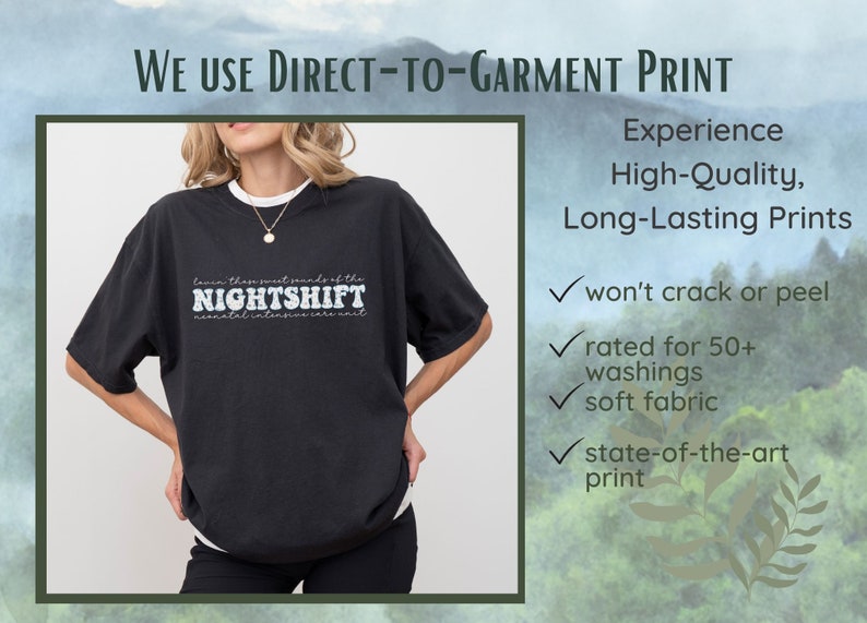 May include: Black t-shirt with the text "NIGHTSHIFT" and "neonatal intensive care unit" in white. The shirt is part of a collection that uses direct-to-garment printing for high-quality, long-lasting prints that won't crack or peel.
