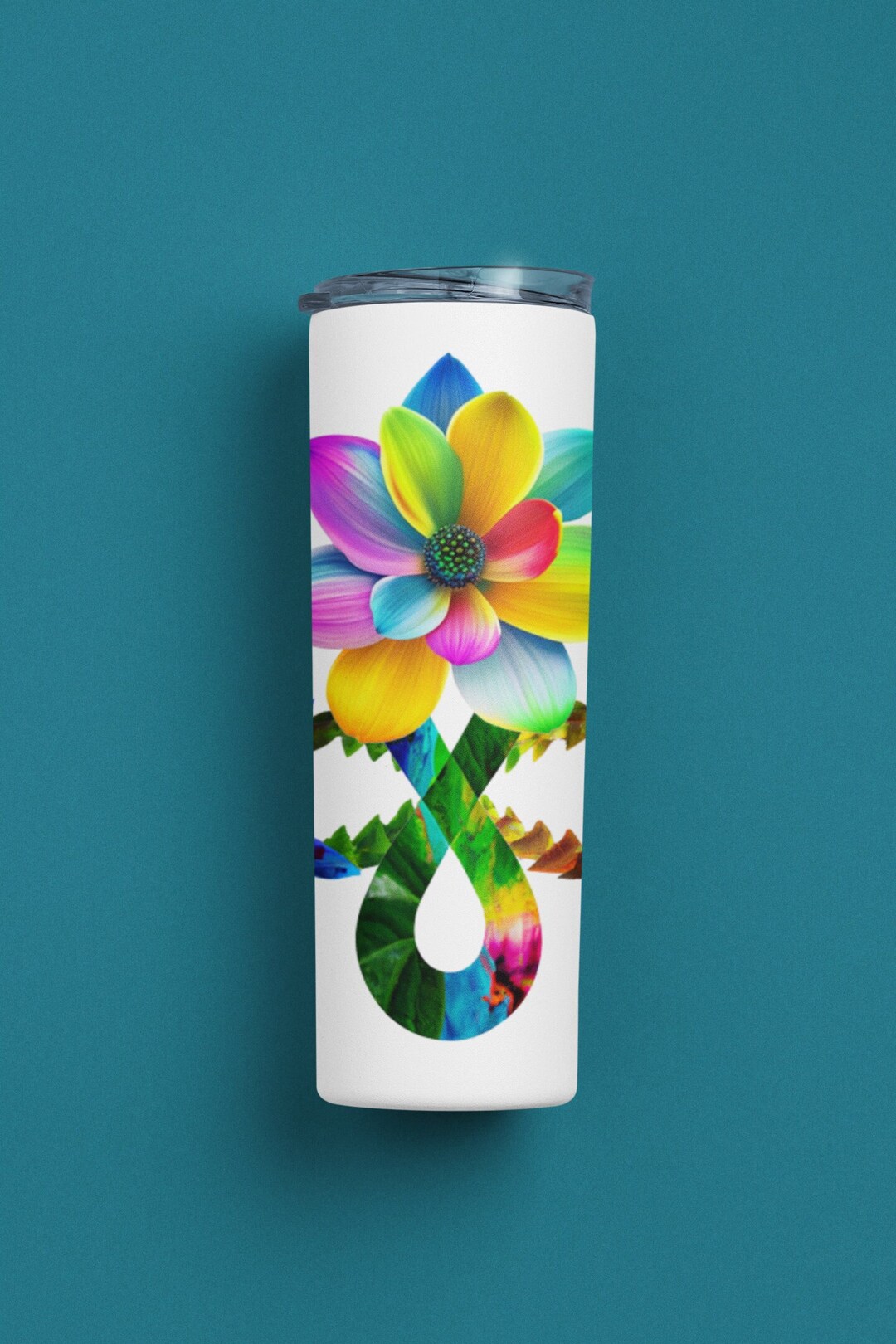 20oz Steel Tumbler Travel Cup With Straw and Lid Rainbow Flower Metal