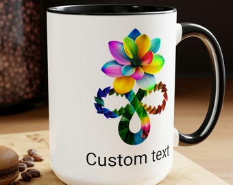 Tasse à café fleur personnalisée 15 oz noir | Tasse à café bicolore arc-en-ciel personnalisée | Coupe colorée | Tasse colorée 15oz | Florale | Fierté - Amour