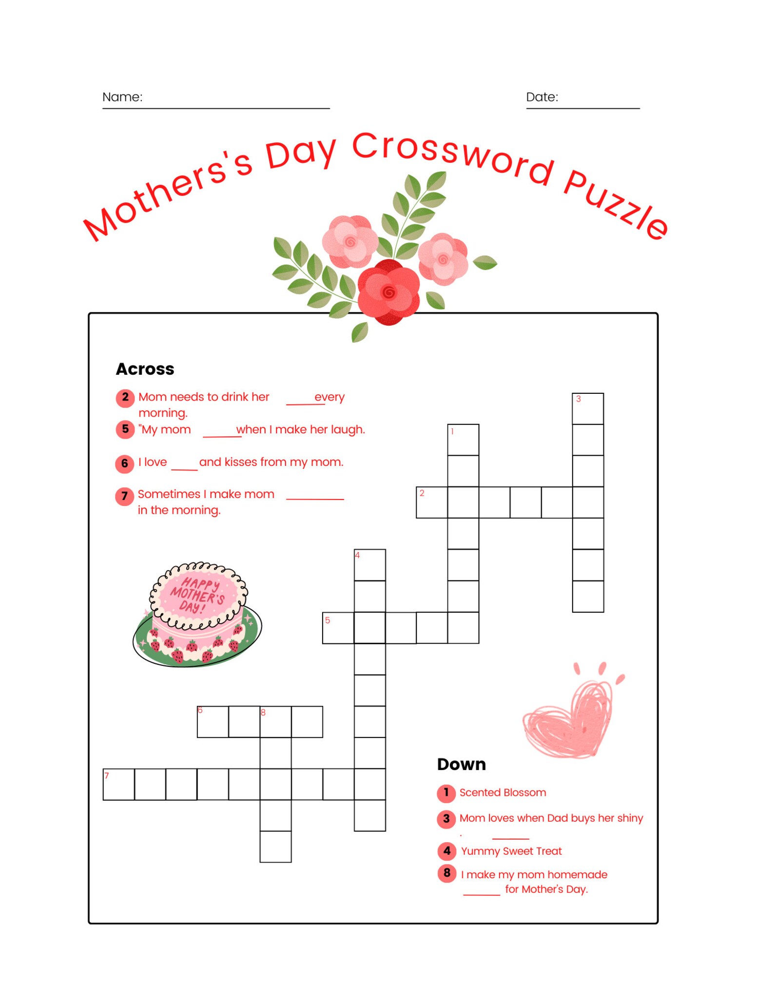 Mother #39 s Day Crossword Puzzle Printable School Puzzle Etsy