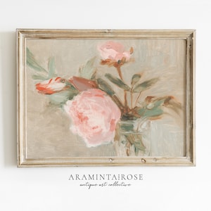 Vintage Peonies Oil Painting | Peach Pink Roses | Girl&#39;s Room and Nursery Decor | Digital Printable Art File | 135