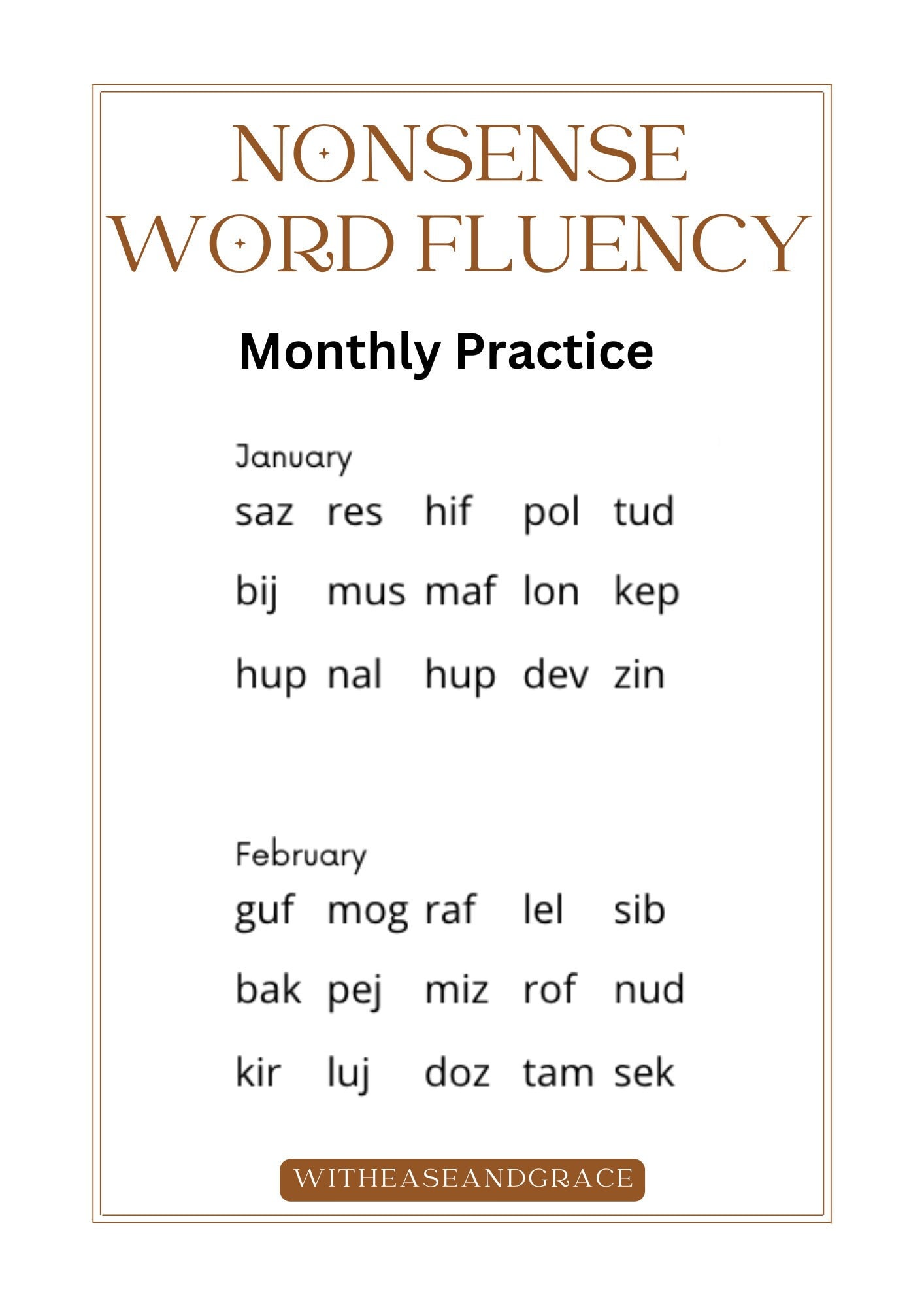 Nonsense Word Fluency Monthly Practice, Early Reading Skills, Decoding, Blending, Letter Sounds