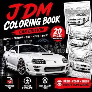 JDM-bilmålarbok för barn och vuxna | Utskrivbara målarbilder för Supra Skyline RX7 | Present till bilälskare | Direktnedladdning i PDF-format