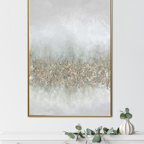 ESSENCE - Original, unique, hand painted, abstract, 3D, textured art. Sage green, greys, gold & off white on 59x42 cm stretched canvas. A2.