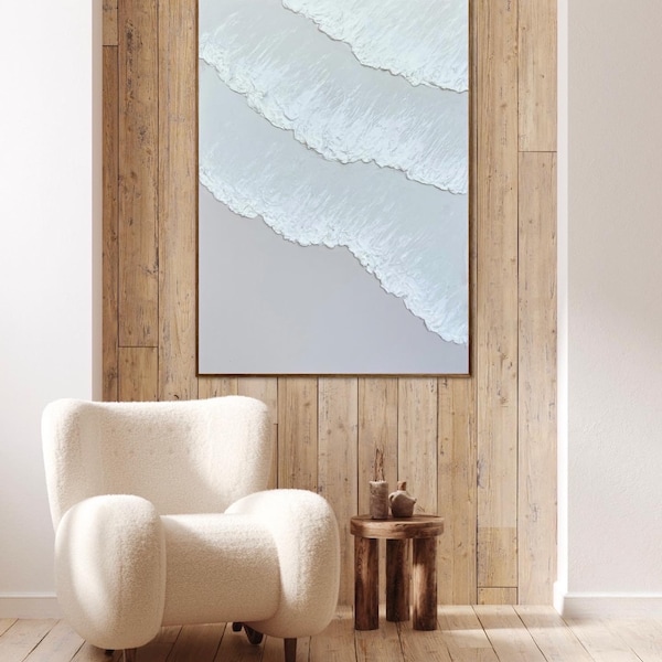 DESERT SHORE - Original, unique, hand painted, abstract 3D texture art. Beige, cream, white. Stretched canvas. Contemporary wave. Minimalist