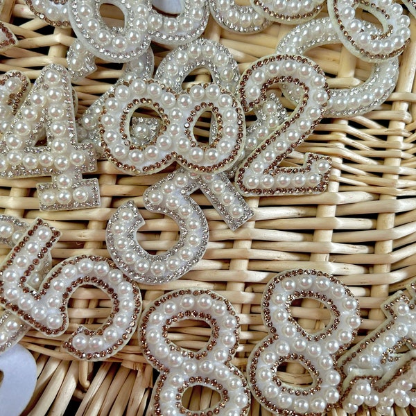 Pearl and Rhinestone Iron/Glue On Numbers - Wedding date - White Rhinestone/Gold Rhinestone