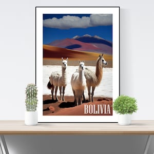 Bolivia Travel Poster, Bolivia Art Print, Bolivia Art Poster, A3/A4/A5, Gift, Present Idea, Digital Art, Llamas, Mountains