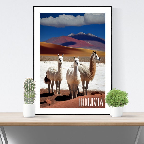 Bolivien Reiseposter, Bolivien Art Print, Bolivien Kunst Poster, A3/A4/A5, Geschenk, Geschenkidee, Digital Art, Lamas, Berge