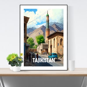 Plakat podróżniczy Tadżykistanu, wydruk Tadżykistanu, wydruk sztuki vintage Tadżykistanu, ilustracja, A3/A4/A5, prezent, pomysł na prezent, retro