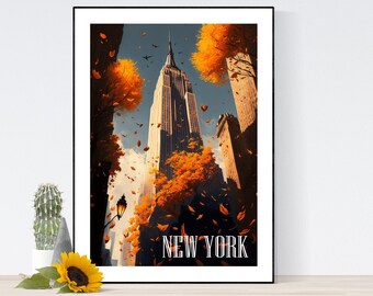 New York Travel Poster, New York Art Print, New York in Autumn, New York Art Poster, A3/A4/A5, Gift, Present Idea, Empire State Building,