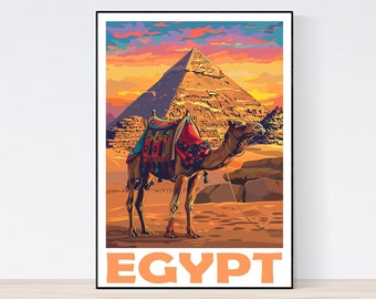 May include: A vintage travel poster featuring a camel in the desert with the Great Pyramid of Giza in the background. The poster has a sunset sky with orange, pink, and purple hues. The text "EGYPT" is printed in orange at the bottom of the poster.