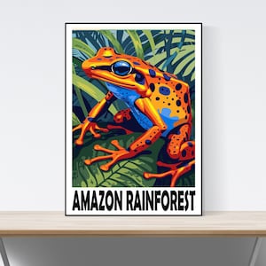 Poster di viaggio della foresta pluviale amazzonica, stampa di viaggio della rana con dardo avvelenato, grandi dimensioni, regalo, idea regalo, arte della parete, Sud America, America Centrale