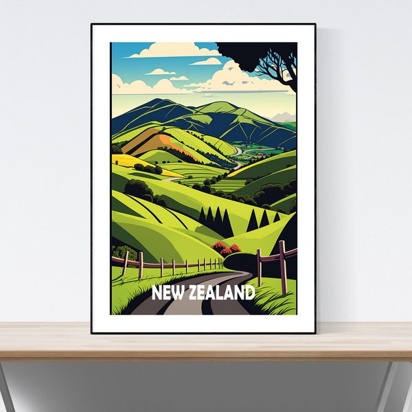 Nieuw-Zeeland reizen poster, vintage reizen poster, Nieuw-Zeeland reizen print, A3/A4/A5, geschenk, heden idee, Nieuw-Zeeland illustratie