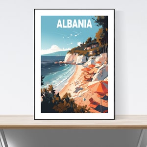 Cartel de viaje de Albania, cartel de viaje vintage, escena de playa de Albania, A3/A4/A5, regalo, idea actual, idea de regalo de Albania, arte de la pared de Albania