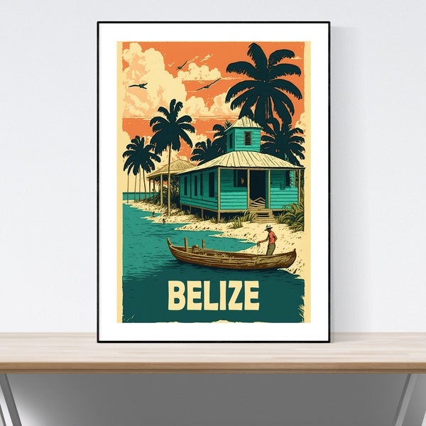 Belize Travel Poster, Belize Illustration, Belize Print, Gift, Present Idea, Belize Landscape, Lake, Boats, A3/A4/A5, Wall Art, Decor