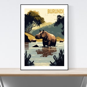 Burundi Travel Poster, Rusizi National Park Travel Print, Vintage, Illustration, A3/A4/A5, Present Idea, Gift Idea, Hippopotamuses