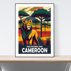 Kameroen reisposter, Waza National Park, Afrikaanse dieren in het wild, retro, illustratie, a3/a4/a5, huidig idee, cadeau-idee, leeuwen, giraffen,