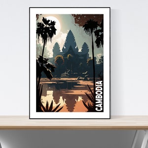 Cambodja reizen poster, de tempels van Angkor reizen print, vintage, retro, illustratie, A3/A4/A5, heden idee, cadeau idee,