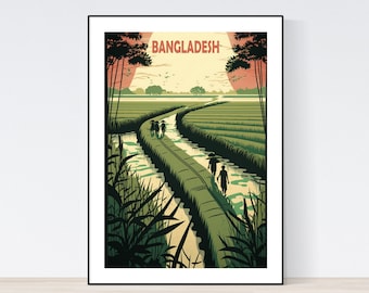 Reseaffisch för Bangladesh, Vintage reseaffisch, Illustration från Bangladesh, A3/A4/A5, Gåva, Presentidé, Presentidé, Bangladesh risfält
