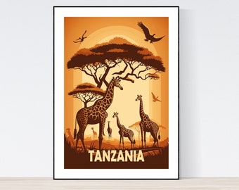 Puede incluir: Un póster de estilo vintage con fondo naranja que presenta una silueta de una jirafa y árboles de acacia. El texto "TANZANIA" está en la parte inferior del póster.