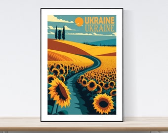 Ukraine Sunflower Field Travel Poster, Ukraine Print, Vintage Art Print, Illustration,A3/A4/A5, Gift, Present Idea, Vector