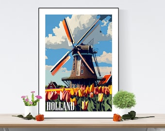 May include: A vintage-style poster featuring a Dutch windmill with orange and red blades against a blue sky with white clouds. The windmill is surrounded by a field of red, orange, and yellow tulips. The text "HOLLAND" is printed at the bottom of the poster.