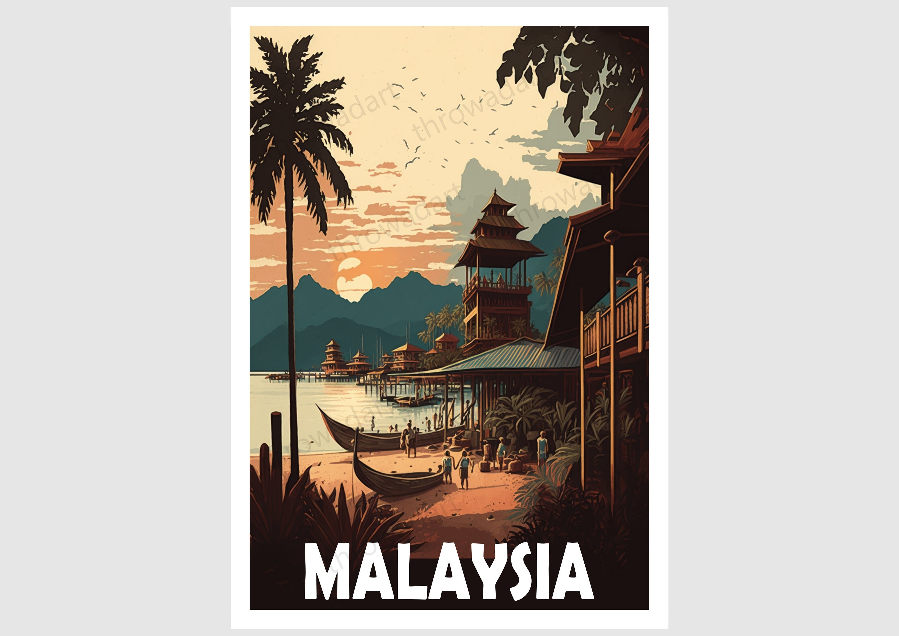 Malaysia Travel Poster, Malaysia Print, Vintage Malaysia Illustration
