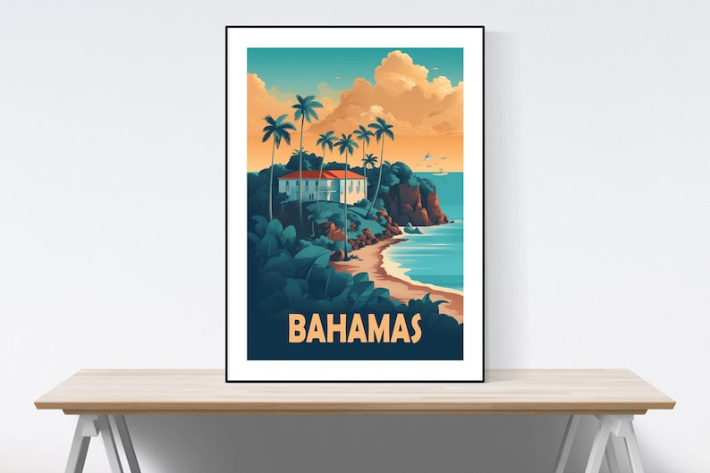 Page De Garde A3 Plage Affiche de voyage aux Bahamas, affiche de voyage vintage, scène de