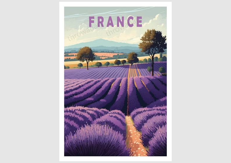 May include: A vintage travel poster featuring a purple lavender field with a dirt path leading through the center. The poster has the word "FRANCE" in large, bold letters at the top.