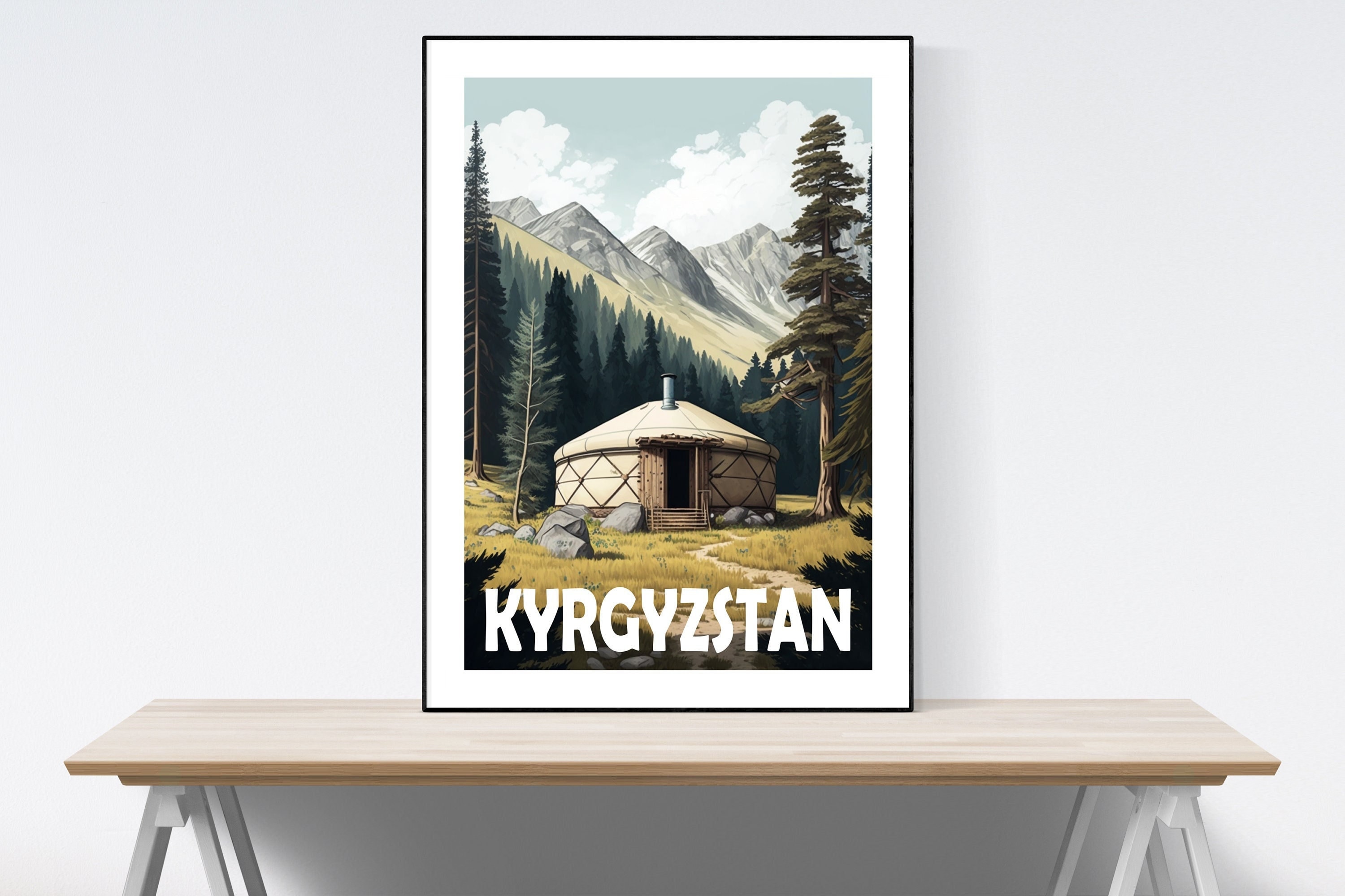 Kirgizië reisposter, reisprint, Yurt in de bergen, Centraal-Azië print, A3/A4/A5, geschenk, huidig idee, landschap, natuur,